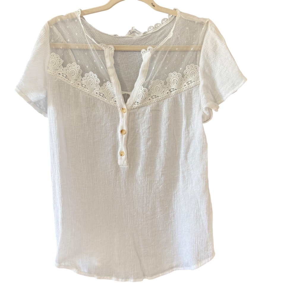 Perch by Blu Pepper White Lace Swiss Dot Gauze Henley Blouse XL Peasant‎ Cottage